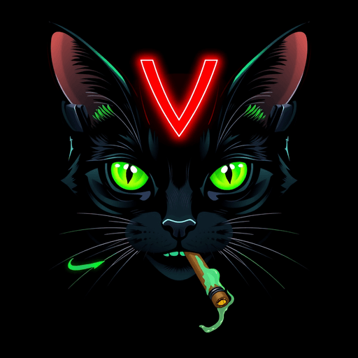 Stock Catz token 2606: Fur: Jet Black Sheen, Eyes: Bear Brows, Mouth: Cigar, Headwear: Neon Antenna Ears