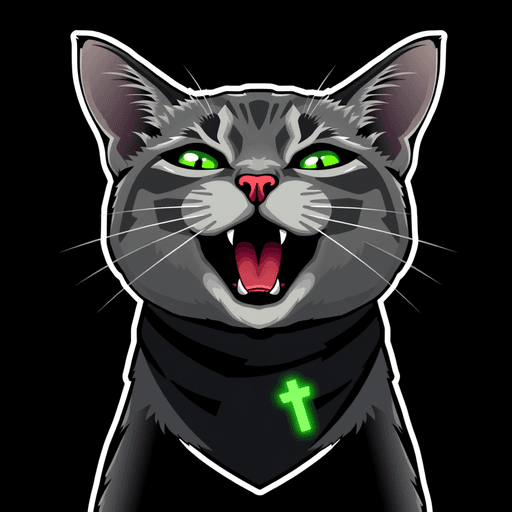 Stock Catz token 3628: Fur: Ash Grey, Eyes: Candlestick Eye, Mouth: Yawn, Accessory: Ticker Scarf, Special: Green Logo Tattoo