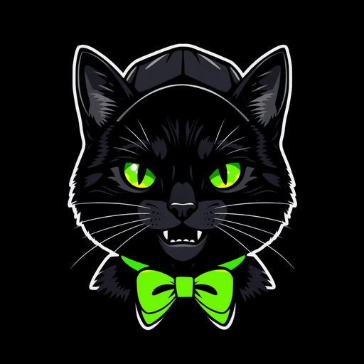Stock Catz token 5584: Fur: Black, Eyes: Neon Slit, Mouth: Grin, Headwear: Black Cap, Accessory: Green Bow Tie