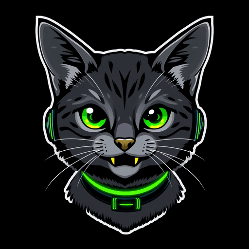 Stock Catz token 5875: Fur: Charcoal Grey, Eyes: Normal Green Glow, Mouth: Gold Tooth, Headwear: Neon Antenna Ears, Accessory: Trader Lanyard