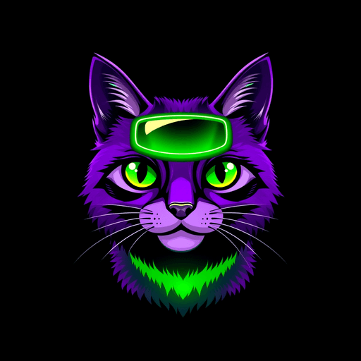 Stock Catz token 6975: Fur: Electric Purple, Eyes: Normal Green Glow, Mouth: Smirk, Headwear: HUD Visor, Special: Screen Glow