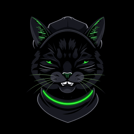 Stock Catz token 7244: Fur: Jet Black Sheen, Eyes: Sleepy, Mouth: Grin, Headwear: Black Cap, Accessory: Ticker Scarf, Special: Ticker Tape Edge