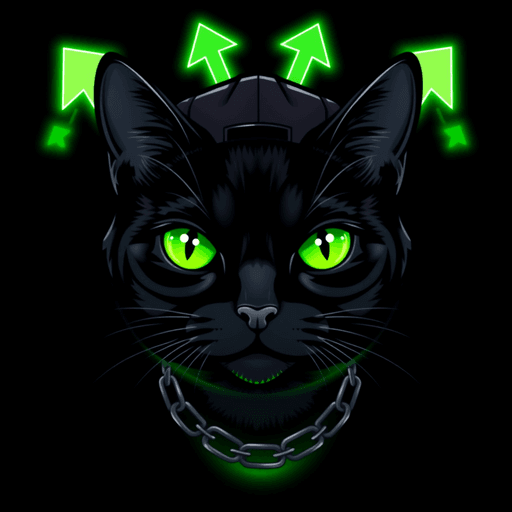 Stock Catz token 7978: Fur: Jet Black Sheen, Eyes: Bull Brows, Mouth: Neutral, Headwear: Black Cap, Accessory: Black Chain, Special: Screen Glow