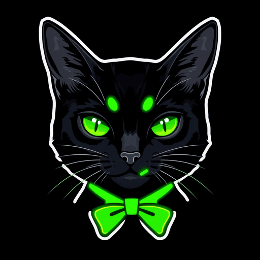 Stock Catz token 8005: Fur: Onyx, Eyes: Neon Slit, Mouth: Green Toothpick, Headwear: Neon Antenna Ears, Accessory: Green Bow Tie