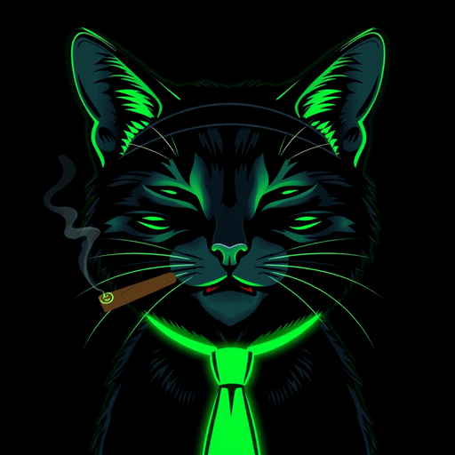 Stock Catz token 957: Fur: Glowing Green Fur, Eyes: Sleepy, Mouth: Cigar, Headwear: Ticker Headband, Accessory: Green Tie, Special: Green Logo Tattoo
